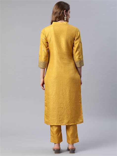 Cottinfab Women Mustard Yellow Ethnic Motifs Embroidered Sequinned Kur