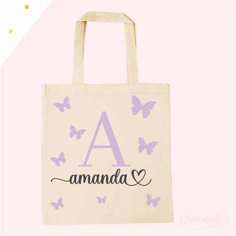 Tote Bag Natural Inicial Y Nombre Corazon Con Mariposas