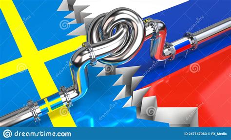 Fuel Gas Pipeline With A Knot Flags Of Sweden And Russia 3D