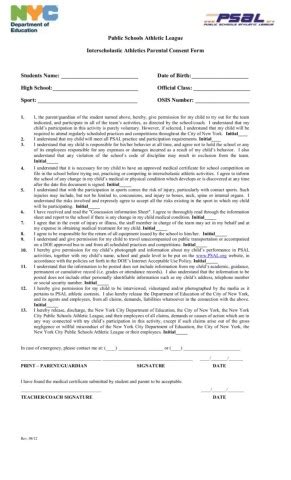 2012 PSAL Interscholastic Athletics Parental Consent Form 0812