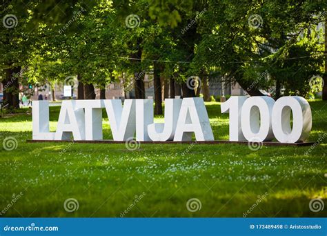 Riga Latvia Mai 24 2018 View To The Sign `latvija 100` In The