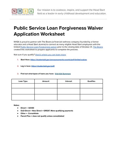 Public Service Loan Forgiveness Waiver Worksheet NHSA