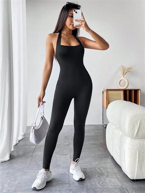 SHEIN PETITE Solid Halter Neck Backless Unitard Jumpsuit SHEIN UK