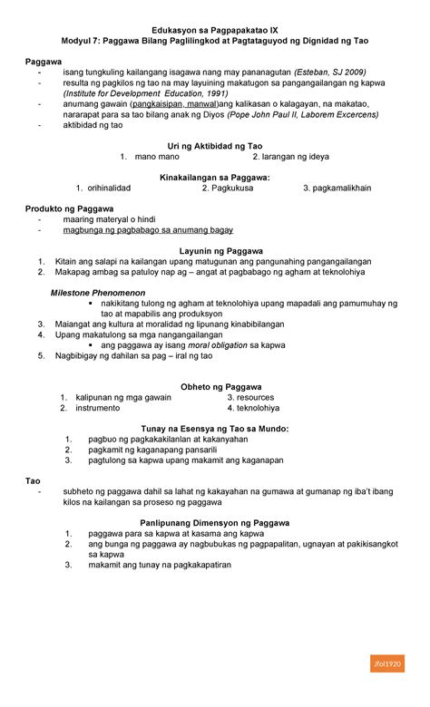 1 Paggawa Esp 9 Edukasyon Sa Pagpapakatao Ix Modyul 7 Paggawa