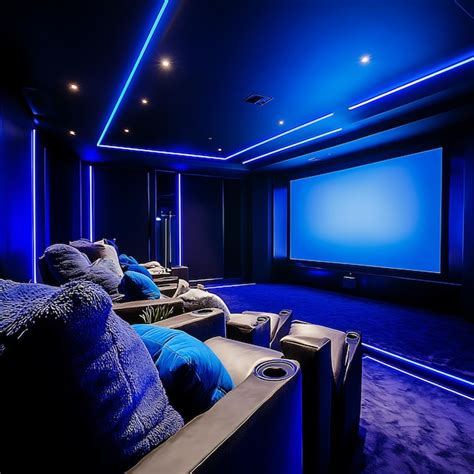 Modern Home Theater With Blue Led Lighting And Plush Seating Premium