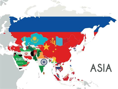 Political Asia Map Vector Illustration With The Flags Of All Countries