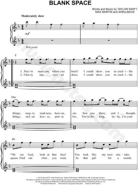 Taylor Swift Blank Space Sheet Music Easy Piano In F Major Download And Print Sku Mn0143841