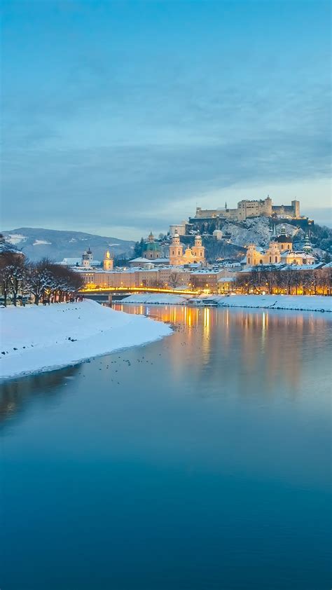 Historic City Of Salzburg With Salzach River In Winter Blue Hour