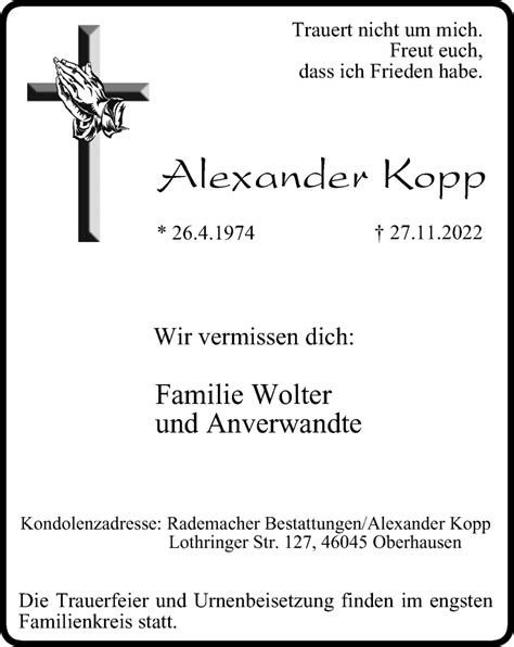 Traueranzeigen Von Alexander Kopp Trauer In Nrw De