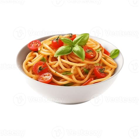 Traditional Italian Linguini Pasta With Tomatoes And Basil Isolated On