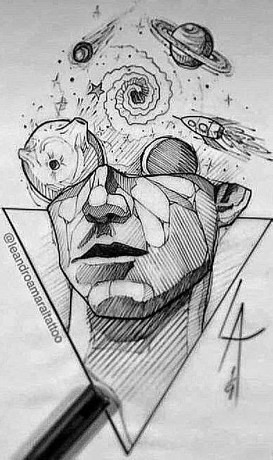 A Pencil Drawing Of A Man S Face With Planets In The Background