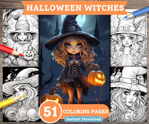 Halloween Witches Coloring Book Pages Adult Coloring Book Etsy