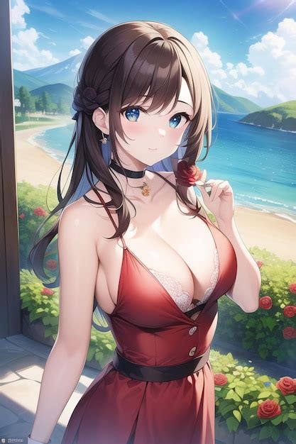 Anime Girl In A Red Dress With A Flower On Her Chest Premium Ai