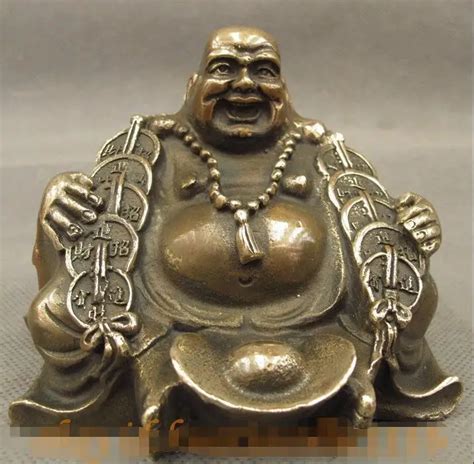 Chinese Bronze Copper Buddhism Yuanbao Coin Happy Laugh Maitreya Buddha