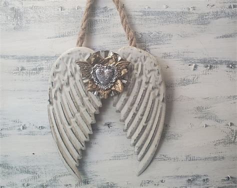 Shabby Cream White Metal Angel Wings Ex Voto Heart Etsy