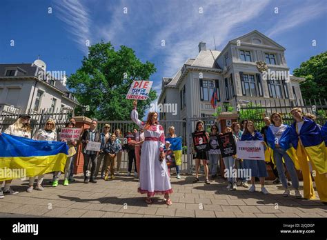 Los Manifestantes Sostienen Banderas Ucranianas Y Pancartas Durante Una