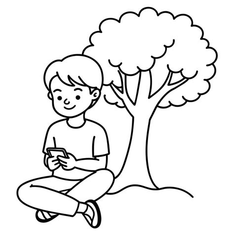 A Cute Boy Using Mobile Phone Sitting Under A Tree 42394937 Vector Art