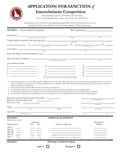 Fillable Online Application For Sanction Of Interscholastic Fax