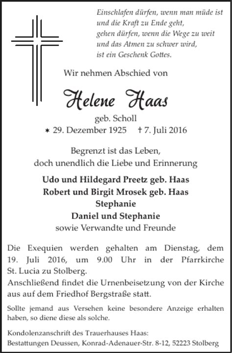 Traueranzeigen Von Helene Haas Aachen Gedenkt