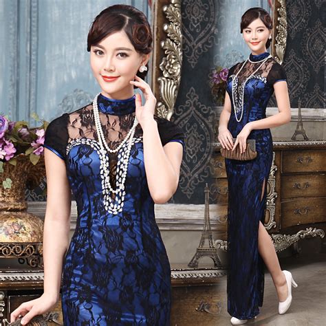 Gorgeous Modern Lace Long Cheongsam Dress Blue Qipao Cheongsam And Dresses Women