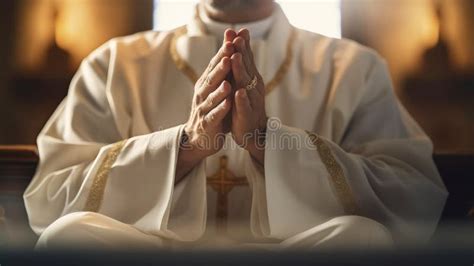 Close Up Shot Of Priest Hands Praying In Church Generative Ai Stock