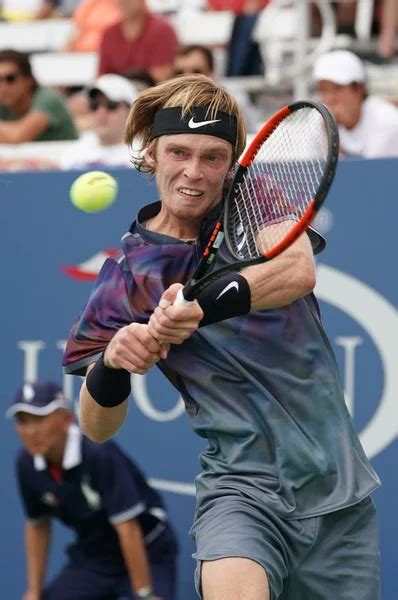 Professional Tennis Player Andrey Rublev Of Russia In Action During His