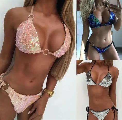 Women Sequin Bikini Set 3 Color Picked Push Up Padded Bra Bandage