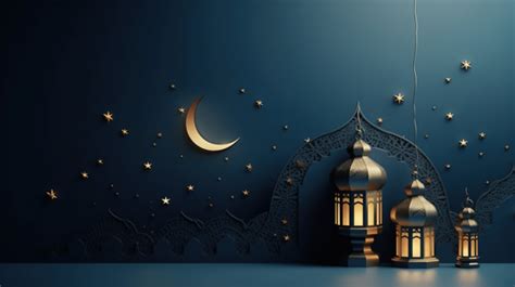 Islamic Ramadan Kareem Background With Mosque Crescent Moon Lantern And