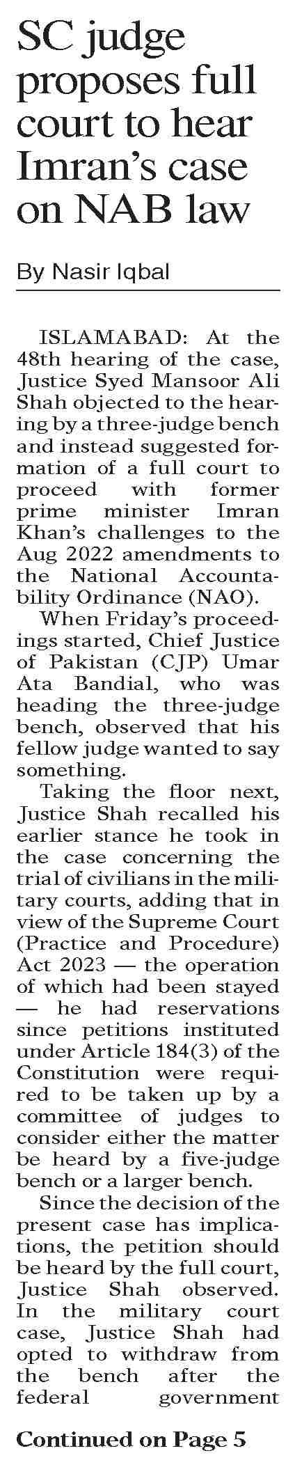 Dawn Epaper Aug 19 2023 Sc Judge Proposes Full Court To Hear Imran