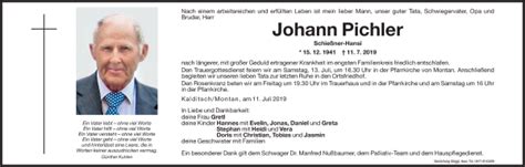 Traueranzeigen Von Johann Pichler Trauer Bz