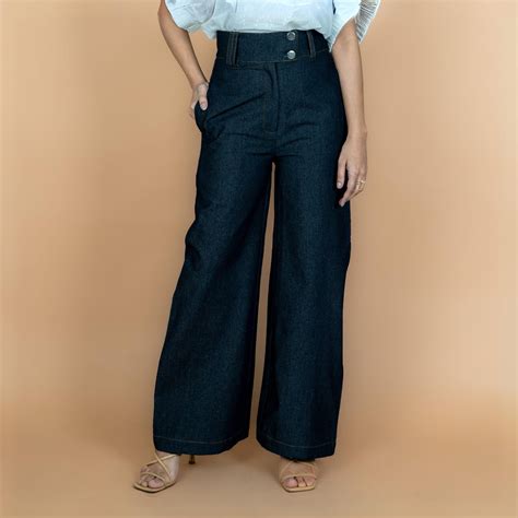 Buy Indigo Cotton Denim High Rise Flared Wide Legged Pant Online At