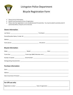 Fillable Online Livingston Police Department Bicycle Registration Form