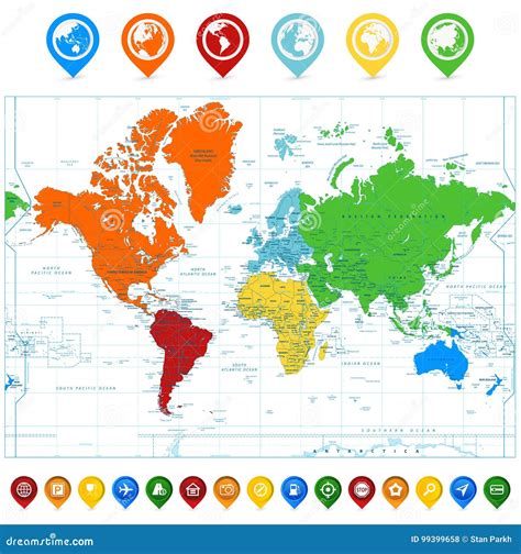 Detailed World Map With Colorful Continents And Map Point Stock Vector Illustration Of