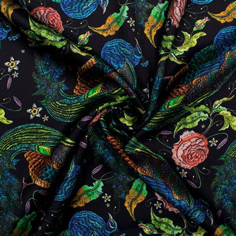 Black And Green Peacock Pattern Digital Print Japan Satin Fabric Fabcurate