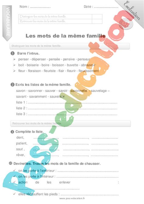 Familles De Mots Ce Cycle Exercice Valuation R Vision Le On