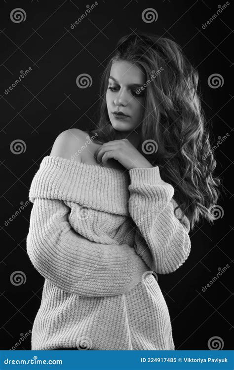 Stunning Young Woman With Long Curly Hair With Bare Shoulders Stock