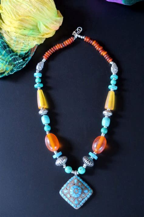 Ethnic Jewelry Tibetan Necklace In Turquoise And Faux Amber