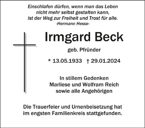 Traueranzeigen Von Irmgard Beck Schwaebische De Trauerportal