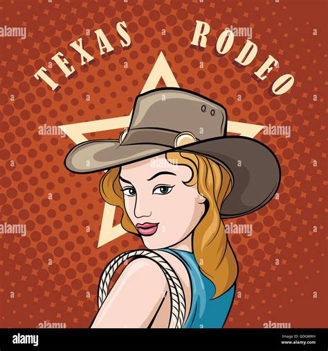 Pretty Girl In Cowboy Hat With Lasso Pop Art Style Wild West Or Texas