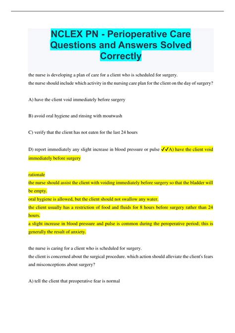 Nclex Pn Perioperative Care Questions And Answers Solved Correctly