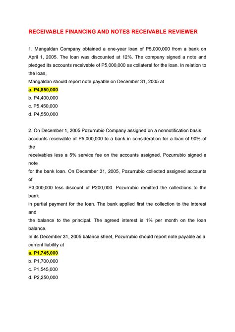 Receivable Financing AND Notes Receivable Reviewer RECEIVABLE