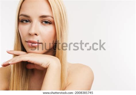 Halfnaked Blonde Woman Posing Looking Camera Stock Photo