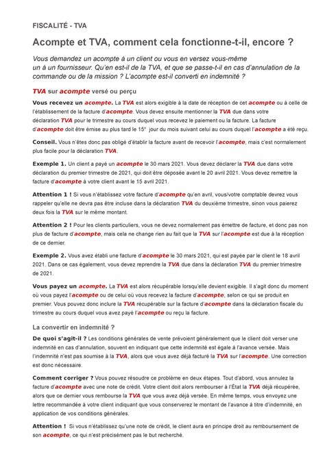 Acompte et tva article FISCALITÉ TVA Acompte et TVA comment cela