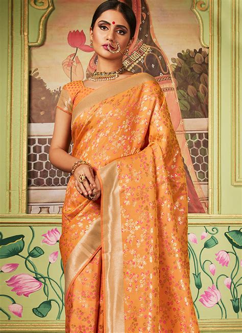 Buy Orange Benarasi Art Silk Saree Jacquard Benarasi Sari Online