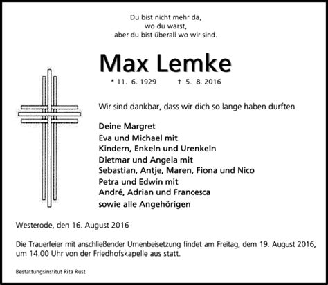 Traueranzeigen Von Max Lemke Trauer Anzeigen De