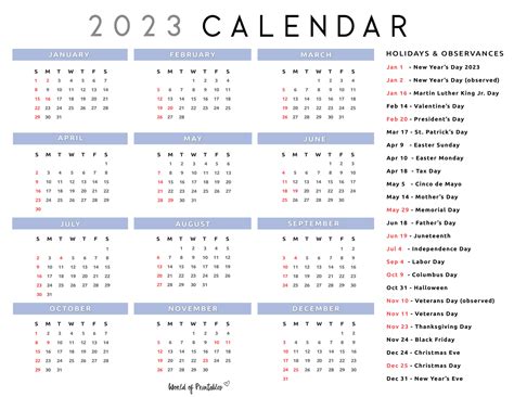 2023 Calendar With Holidays - World of Printables