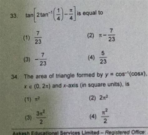 The Area Of Triangle Formed By Y Cos−1 Cosx X∈ 0 2π And X Axis In Squ