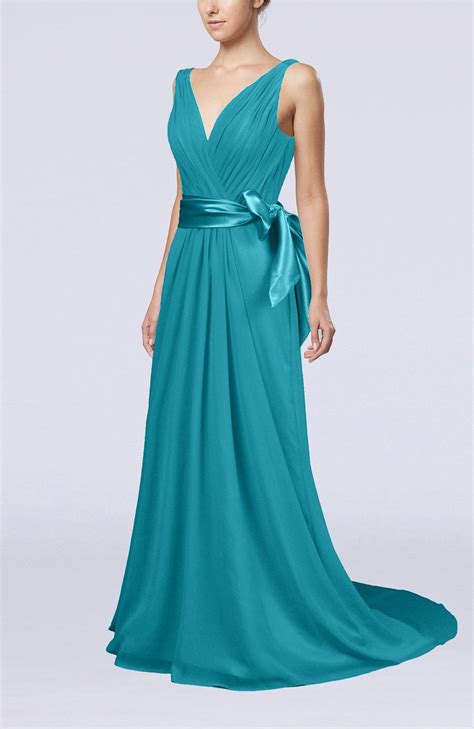 Teal Bridesmaid Dress Elegant A Line V Neck Sleeveless Chiffon