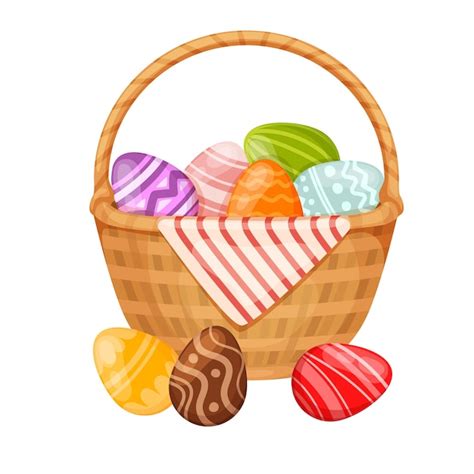 Cesta De Pascua Con Huevos De Colores Vector Premium