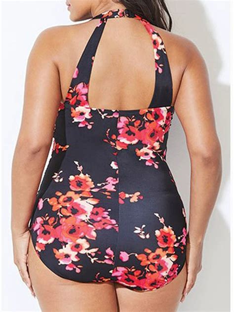 Womens Flower Print Halter Neck Open Back One Piece Swimsuit Okaswimwear